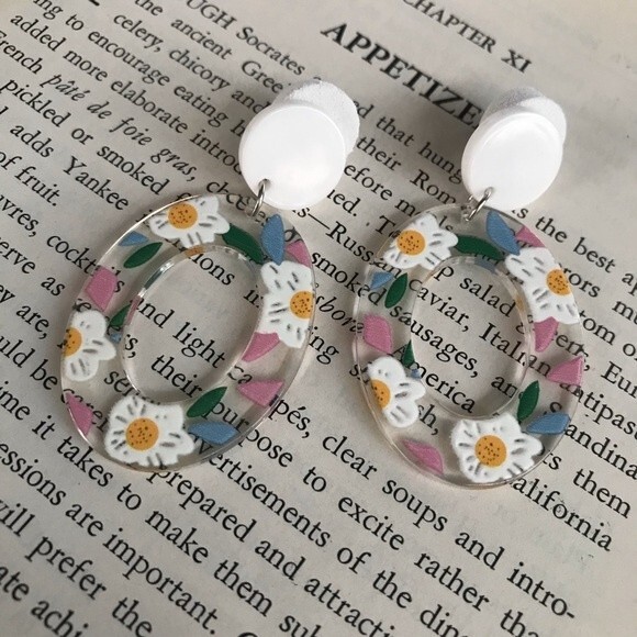 Floral Oval Resin Dangle Earrings NEW! 37O3 - Picture 10 of 11